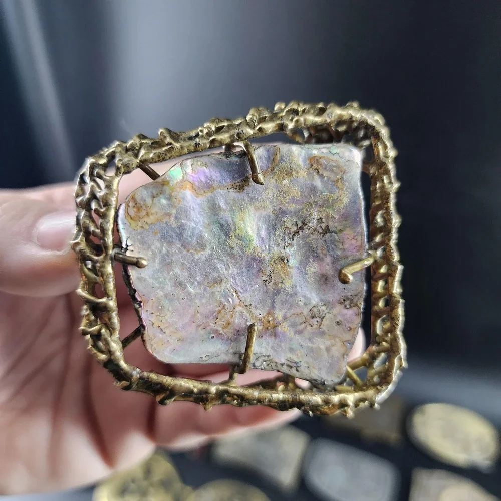 70s Vintage Brass and Abalone Brutalist Style Belt Buckle